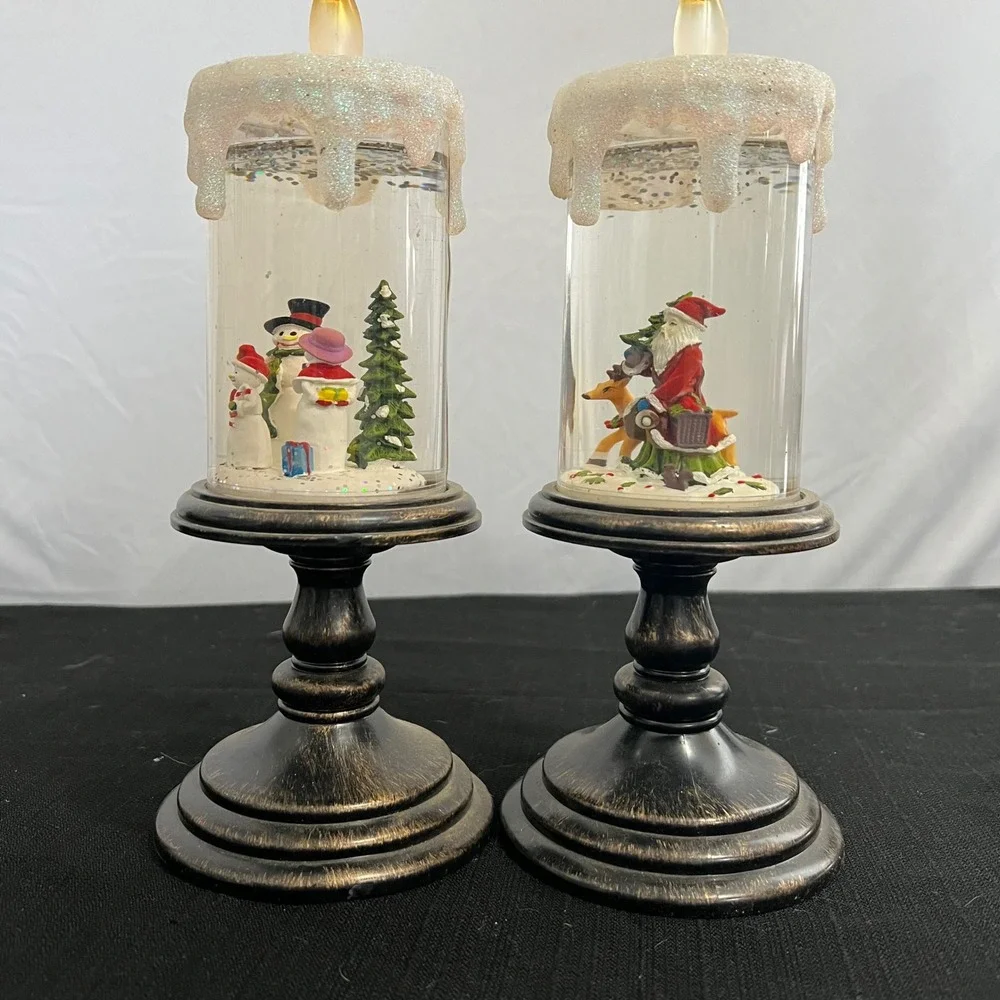 Set of‎ 2 Christmas Snow Globe LED Candles Santa Snowman Pedestal 10.5 Inch